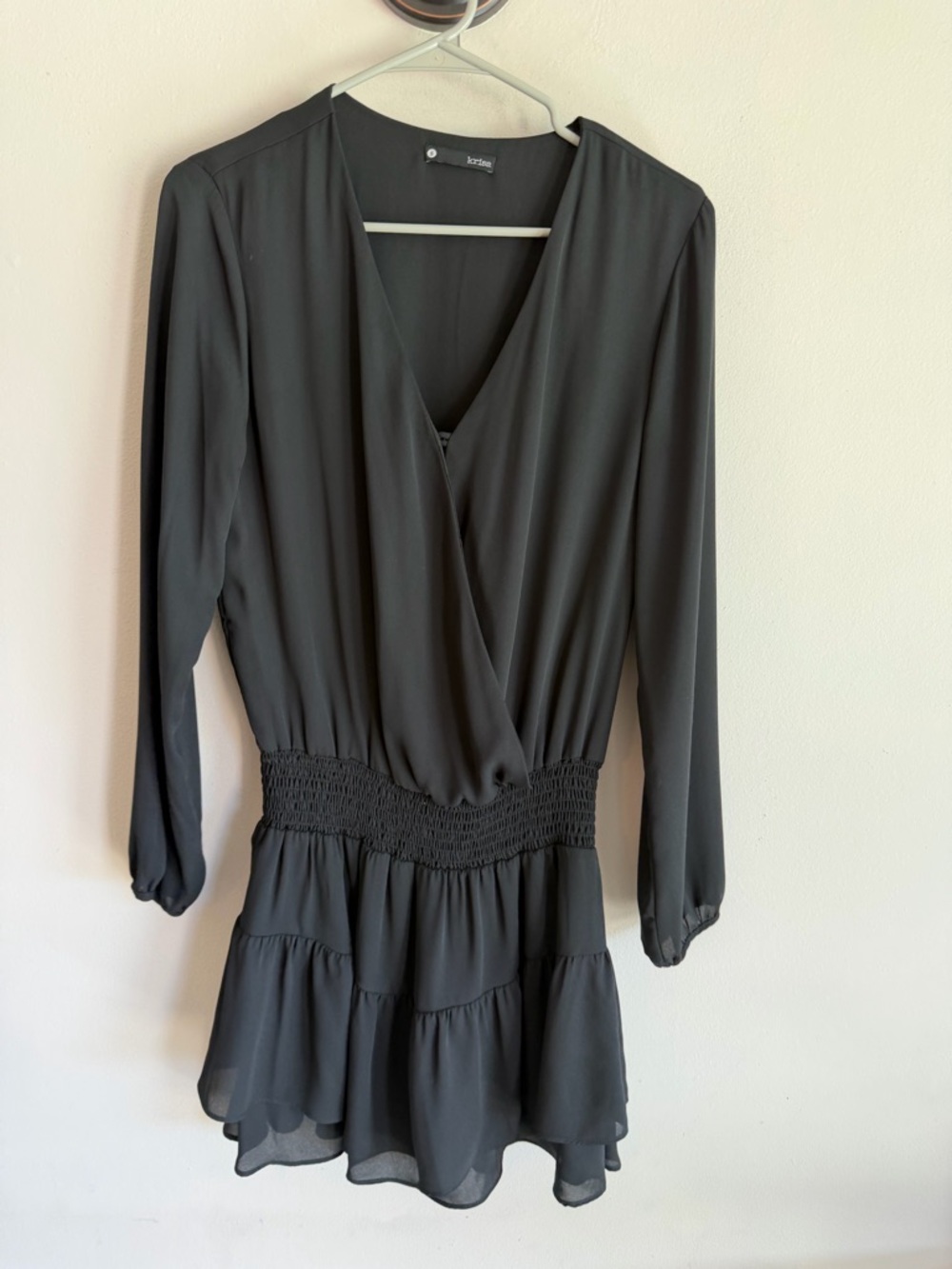Krisa Black Long Sleeve Smocked Waist Tiered Ruffle Mini Dress Small LBD